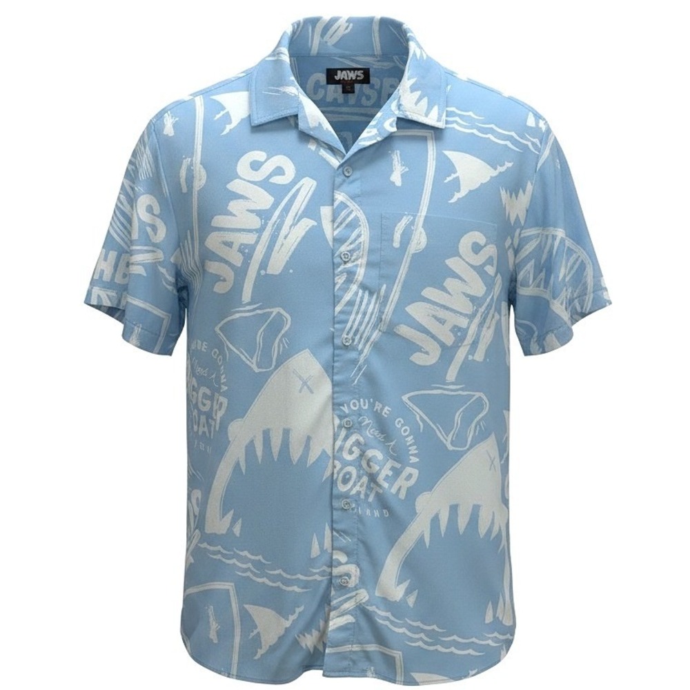 Jaws Movie Shark All Over Print Button Down Shirt Mens Large Blue